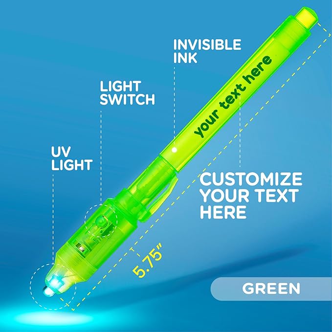 Personalized Invisible Disappearing Ink Pen Marker Pack, Custom Secret Spy Message Writer with UV Light, Fun for Kids Party Favors Gifts and Stock Stuffers,12 Pack, Green
