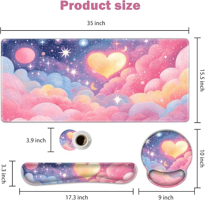 ARTSO Desk Mat Combo, Large Mouse Pad with Wrist Rest, Keyboard Wrist Support Desk Pad, Ergonomic Mousepad with Non-Slip Base for Home Office Game, Colorful Clouds