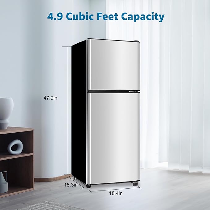 4.9 Cu. Ft. Mini Fridge with Freezer, Compact Refrigerator with Adjustable 7-Level Thermostat, Double-Door Fridge for RV, Kitchen, Office, Silver