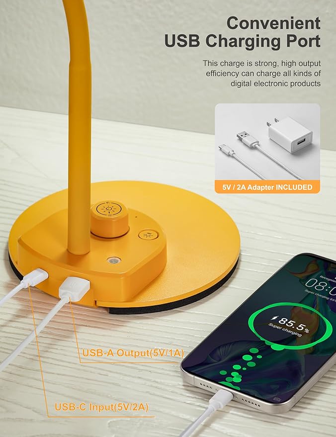 BOHON LED Desk Lamp with USB Charging Port, 3 Color Modes Fully Dimmable Reading Lamp, Auto Dimming Task Lamp, Flexible Neck Table Light for Home Office Dorm Bedside, Bright Yellow