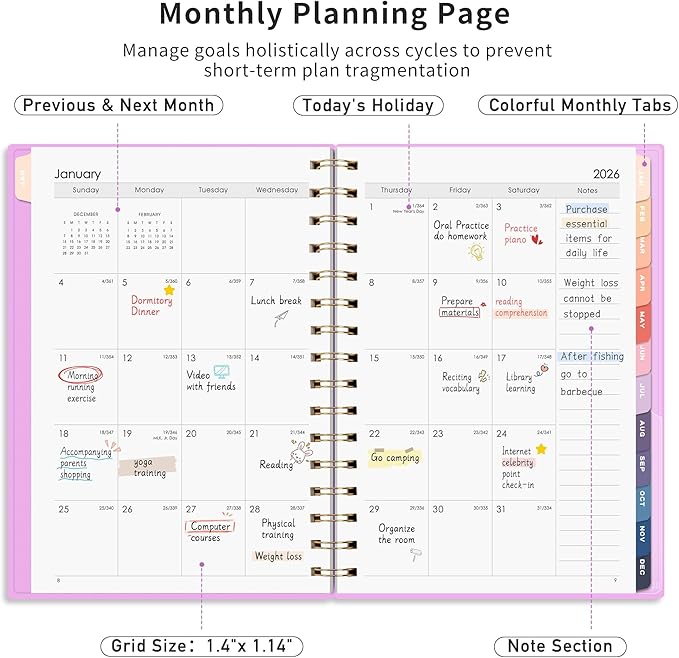 RETTACY 2026-2027 Monthly Planner, Jan 2026 - Dec 2027, Medium Size (5.7" x 8.3"), Agenda, Calendar, 24 Month Tabs, Flexible Plastic Cover, 100 GSM Thick Paper, Spiral-bound (Lilac)