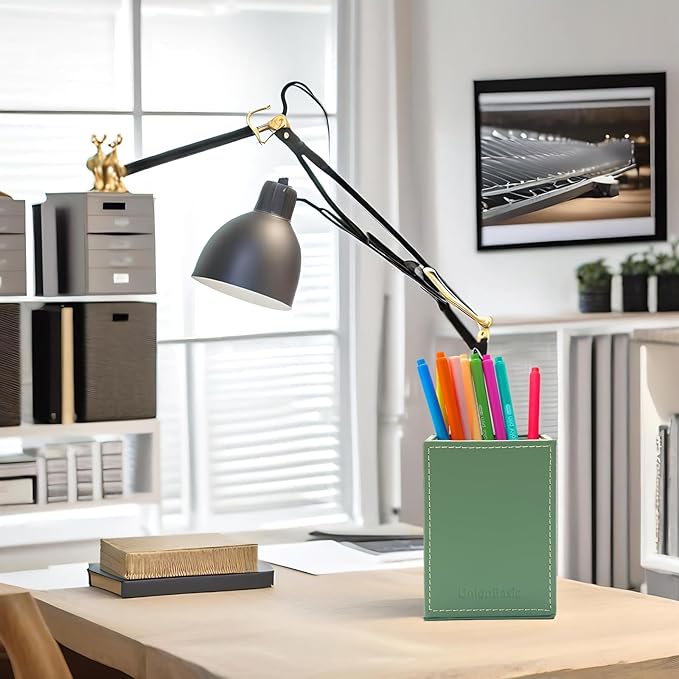 UnionBasic Square Pens Pencils Cup Holder Desk Stationery Organizer, Selected Faux Leather, Malachite Green