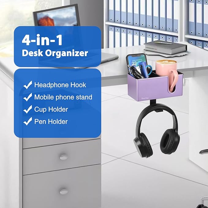 Rosyline 3-in-1 Clip-on Desk Organizer for Expanding Office and Gaming Space - Pen, Headphone, and Desk Item Holder (Purple)