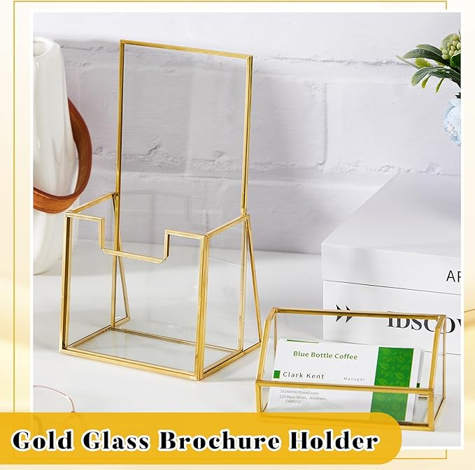 4 Pcs Glass Display Stand Set 2 Gold Glass Brochure Holder Stand 2 Gold Business Card Holder for Office Desktop Countertop Name Card Magazine Literature Journal (4 x 8 '')
