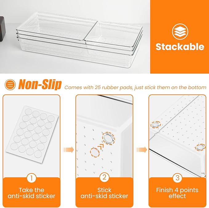 9 Pack Clear Plastic Drawer Organizer Set, Acrylic Non Slip Non Cracking Kitchen Drawer Storage Tray Large Size Divider, Multifunctional Storage for Cosmetics, Bathroom, Tools, Kitchen and Office