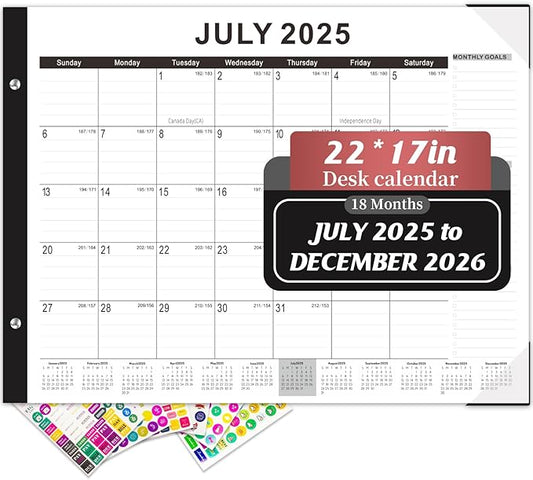 Gannyfer Desk Calendar 2025-2026, Large Calendar 2026 22" x 17", July 2025 - Dec 2026, 18 Monthly Academic Desktop Pad Calendar with Plastic Cover, Thick Paper, for Planning and Organizing in Office, School, Family(6 Stickers)