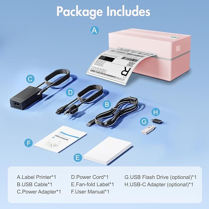 Bluetooth Thermal Shipping Label Printer: 4x6 Wireless Label Maker with Tape for Small Business - Compatible with iPhone, Android, Windows & Mac, Widely Used for USPS UPS Ebay Amazon Shopify, Pink