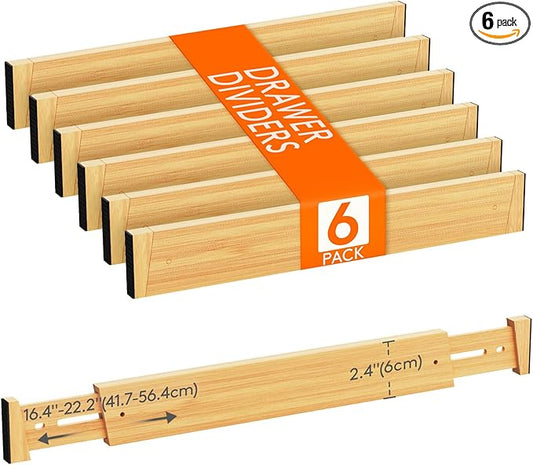 Lifewit 6 Pack Drawer Dividers Bamboo 2.4" High, 16-22" Adjustable Drawer Organizers for Clothes, Wooden Dresser Separators in Bedroom/Bathroom/Kitchen/Fridge/Office Organization and Storage