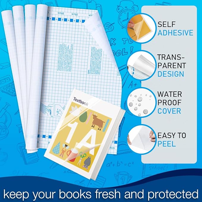 Chell 4 Pack Clear Contact Paper Roll for Books, 17.5in x 5ft Clear Self Adhesive Book Cover Paper Protector