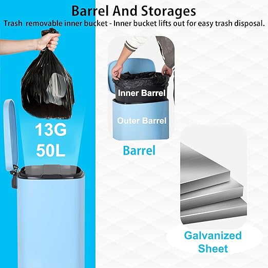 PayLessHere Stainless Steel Trash Can with Lid - Removable Inner Bucket, Foot Pedal Soft Close for Office, Home, Kitchen Garbage Bin (Blue, 13 G)