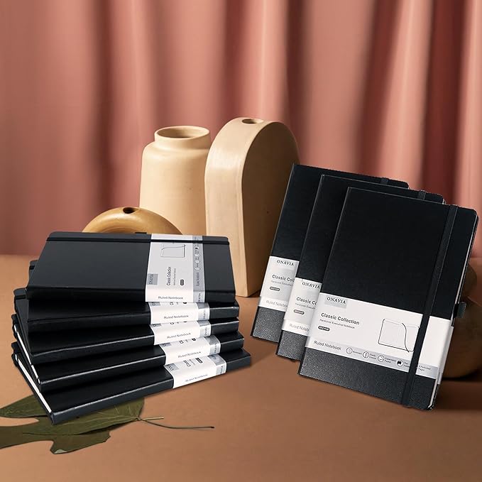 8 Pack Black Lined Journal Notebooks for Work, Travel, College, (A5 Size 100 GSM Thick Paper) - Classic Ruled, Hardcover Notepad for Writing 160 Pages, 5.5 x 8.3 inch, Multipack Journals