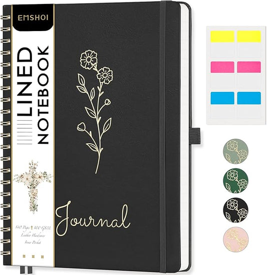 EMSHOI Spiral Notebook A4, 8.5"x11" Hardcover Leather Lined Journal with 110 Pages, 100GSM Thick Paper, Contents & Page Numbers, Flower Design - for Work, School, Journaling, Writing-Black