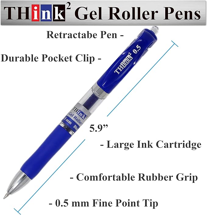 THINK2MASTER [24 Pens - 4Black, 4Blue, 4 Red, 4 Green, 4 Pink, 4Purple Ink] Think2 Retractable Gel Pens. Assorted Colors Fine Point (0.5mm) Rollerball Pens with Comfort Grip.