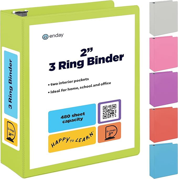 2 Inch 3 Ring Binder 2” Green, Slant D-Ring 2 in Binder Clear View Cover with 2 Inside Pockets, Heavy Duty Colored School Supplies Office and Home Binders – by Enday