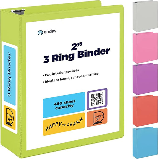 2 Inch 3 Ring Binder 2” Green, Slant D-Ring 2 in Binder Clear View Cover with 2 Inside Pockets, Heavy Duty Colored School Supplies Office and Home Binders – by Enday