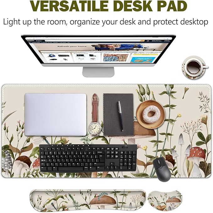 AIMSA Large Gaming Mouse Pad Set, Keyboard Wrist Rest Support+ Extended Mousepad+ Mouse Wrist Cushion+Coaster, Ergonomic Multifunctional Desk Mat 35x15.7in, Mushroom Plant Garden