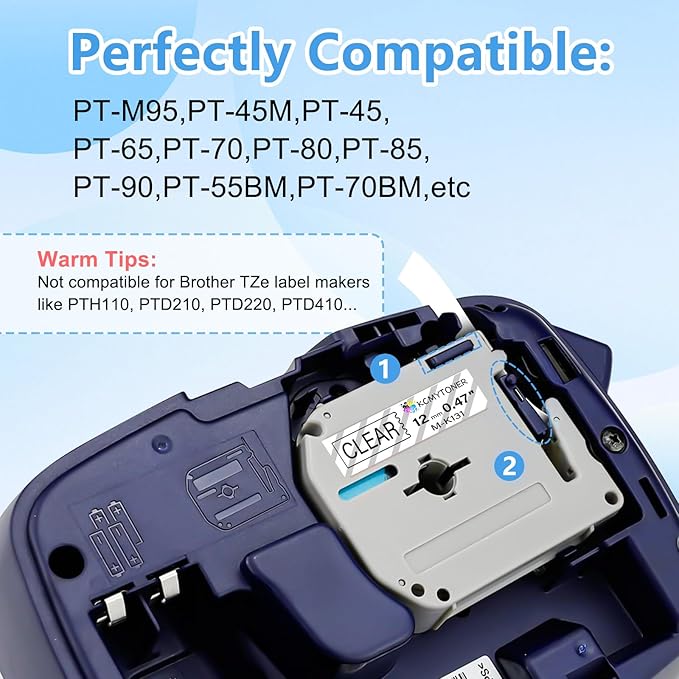 Compatible for Brother P-Touch M Tape M-K131 MK131 M131 MK-131 Black on Clear Label Tape 0.47" (12mm) x 26.2ft for PT-90 PT-M95 PT-70 PT-70BM PT-85 PT-80 PT-45 PT-65 Label Makers, 2 Pack