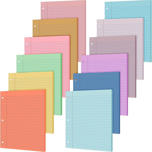 PerKoop 12 Pack 600 Sheets Colored Lined Paper Bulk Wide Ruled 8 x 10.5 Inches, Pastel Loose Leaf Notebook Paper 3 Hole Punched Filler for Back School Classroom Supplies(Sweet Color)