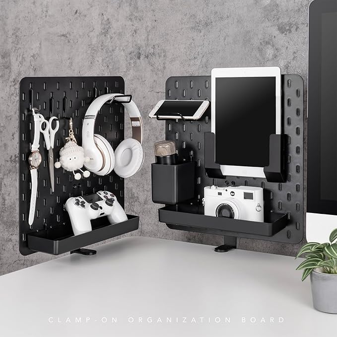 EHO Clamp-On Desk Pegboard, 2Pack (Combined Size 27 x 14 inch) Privacy Divider, Desk Partition Panel, No-Drill Desk Mounted Peg Board Organizer for Office, Gaming, Home, Black