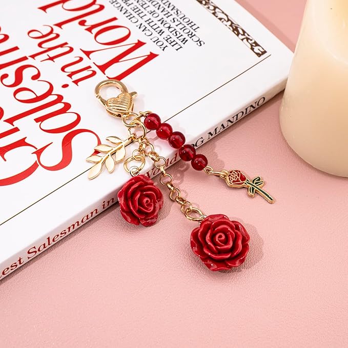 Rose Purse Charms Cute Flower Keychain With Heart Sticker Charm Chain For Kindle Colorful Bag Charms For Handbags