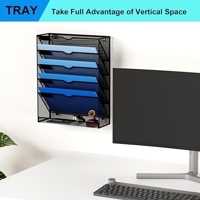Hanging Wall File Organizer 6 Tier Wall Mounted Mail Paper Folder Holder Document Organization Stand, Vertical Desk Magazine Rack for Office Home Cubicle Countertop, Black