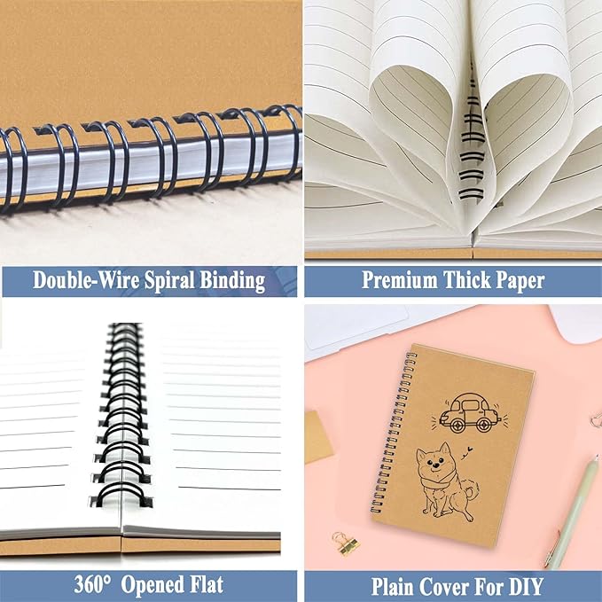GINMLYDA Small Spiral Notebook A5, 6Pack 120 Lined Pages 8.25x5.5 Inches Brown Spiral Journal Kraft Cover Notebooks & Writing Pads for School Home Office Aesthetic Sketch Drawing Note