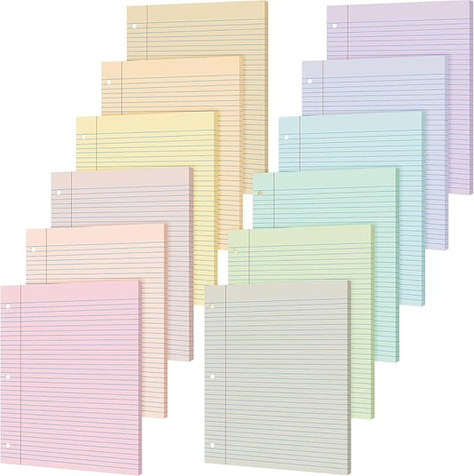 PerKoop 12 Pack 600 Sheets Colored Lined Paper Bulk Wide Ruled 8 x 10.5 Inches, Pastel Loose Leaf Notebook Paper 3 Hole Punched Filler for Back School Classroom Supplies(Light Color)