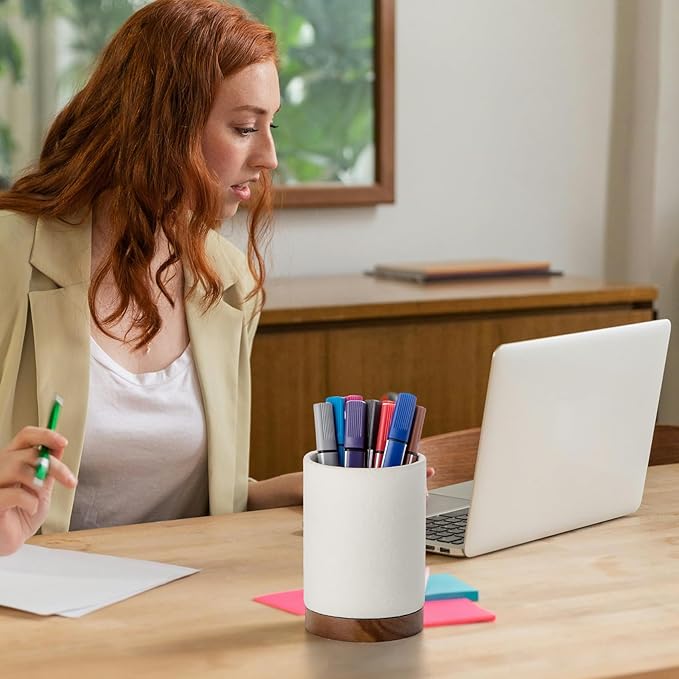 Pen Holder for Desk, Ceramic Pencil Organizer & Makeup Brush Holder, Office Decor and Desk Accessories，Perfect Office Organization,Teacher Supplies(White, Set / 2)