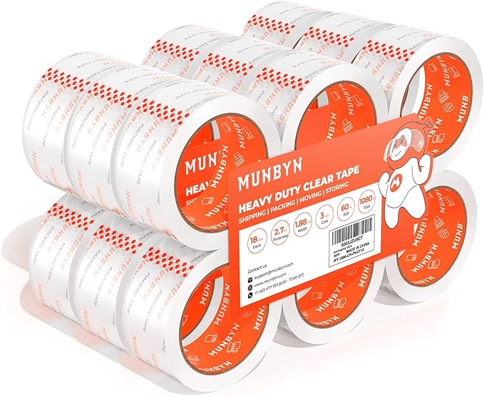 MUNBYN Packing Tape, Heavy Duty Shipping Tape with Total 1080 Yards, 2.7mil, 1.88" *60 Yard(Per Rolls) Great for Shipping Packing Moving Mailing Office Storage, Clear Tape Refill for Dispenser