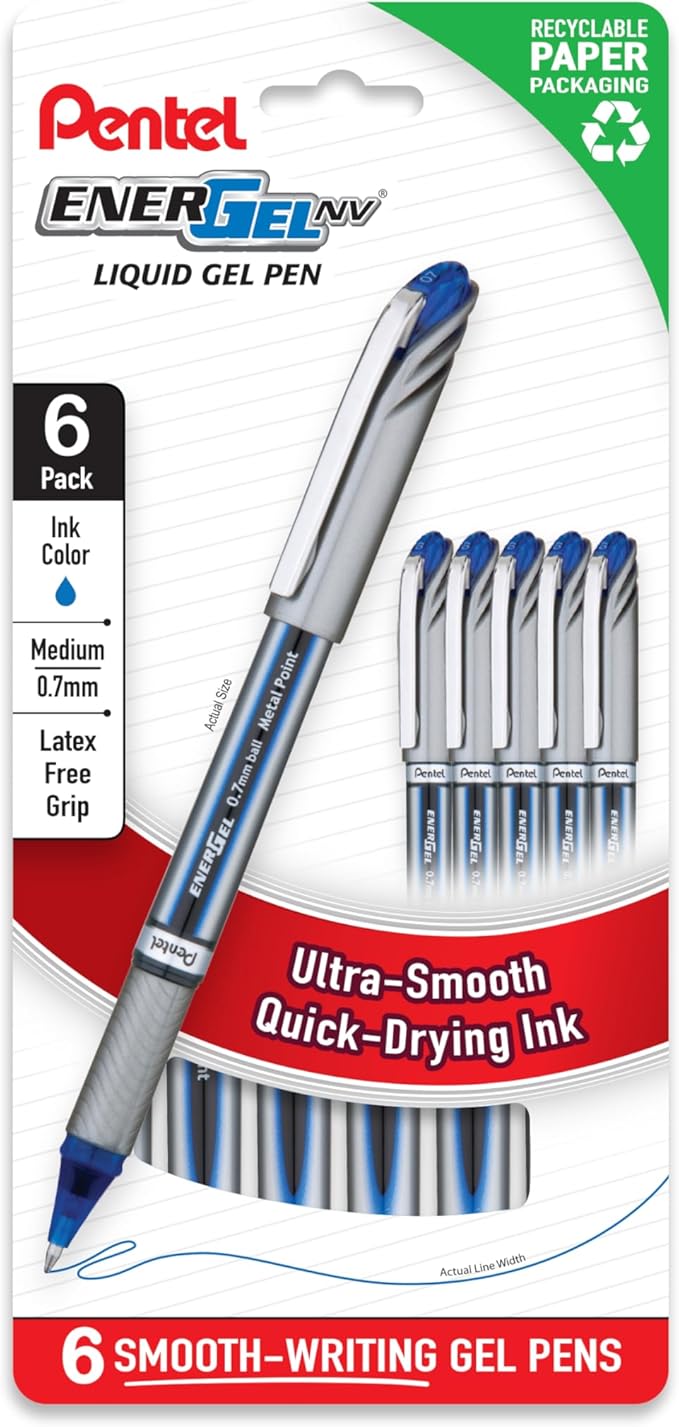Pentel EnerGel NV 0.7mm Liquid Gel Pen, Medium Line, Blue Ink, Plastic Free Packaging 6 Pack (BL27PF6C)