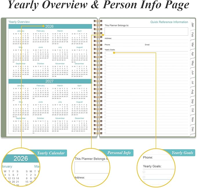 2026 Planner - Planner 2026 from January 2026 to December 2026 with 12 Monthly Tabs, Flexible Cover, Inner Pocket, 8.5" x 11", Green-B