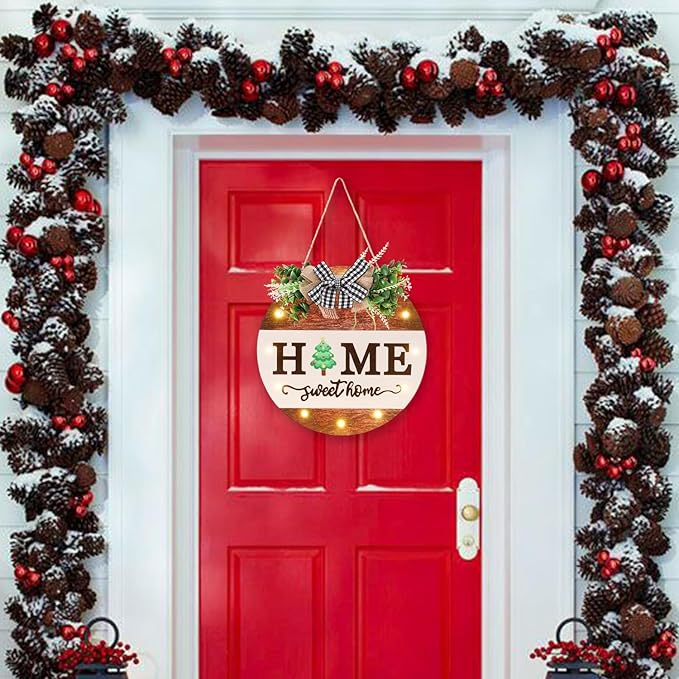 HOMCDALY Interchangeable Welcome Sign for Front Door with 14 Changeable Icons, Door Wreaths for Front Door with 12 LED Lights, Farmhouse Rustic Welcome Door Hanger Wall Sign, Porch Decorations(White)