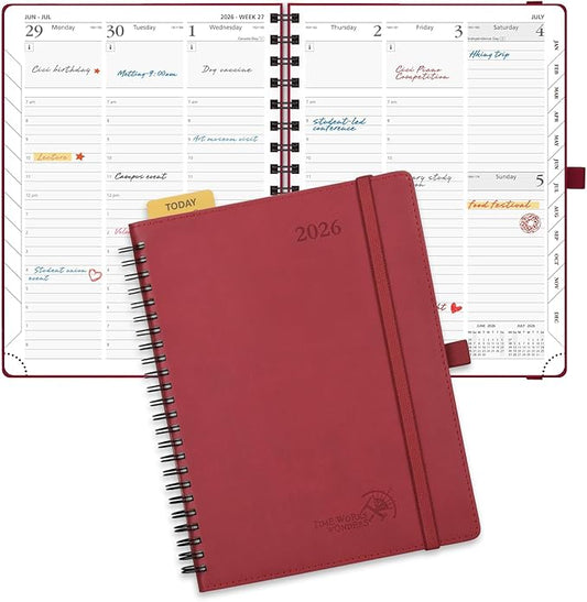POPRUN 2026 Planner (Medium - 6.5'' x 8.5'') with Hourly Schedule, Vertical Layout - 2026 Weekly Calendar (Jan. 2026 - Dec.2026) for Time Management, Monthly Tabs, Spiral Bound, Soft Cover - Burgundy Red