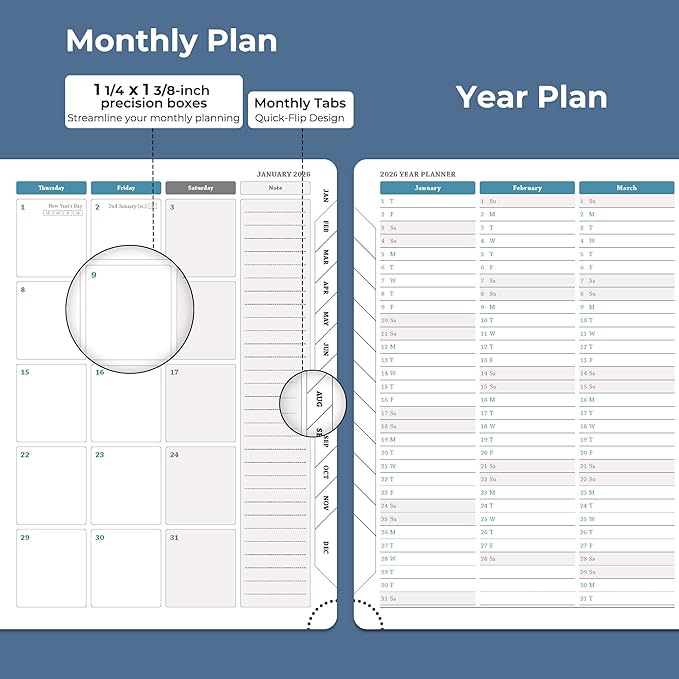 Planner 2026 Daily Weekly and Monthly,11.5"x8.5",12 Months Spiral Bound Calendar Agenda with Self-adhesive Pen Holder,2026 Appointment Book with Vegan Leather Soft Cover,Blue