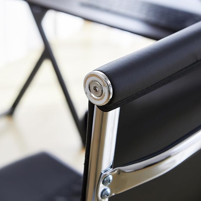 Livinia Modern Executive Office Chair with Patterned Back Design, Chrome & Leather Swivel Chair with High Back, Adjustable Height, Removable Armrests, and Wheels for Home Office (Black(Chrome))