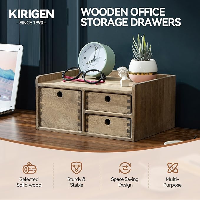 KIRIGEN Desk Organizer with 3 Drawers - Wood Drawer Storage Box with Trays for Tabletop - Workspace Office Toiletries Supplies Tool Caddy - Wooden Storage Cabinet1 Layer Dark Brown（DT1D3C-DBR）