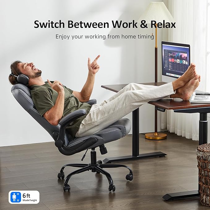 Office Chair, Executive Leather Chair Home Office Desk Chairs, Ergonomic Computer Desk Chair with Adjustable Flip-Up Arms, Lumbar Support Swivel Task Chair with Rocking Function (Gray)