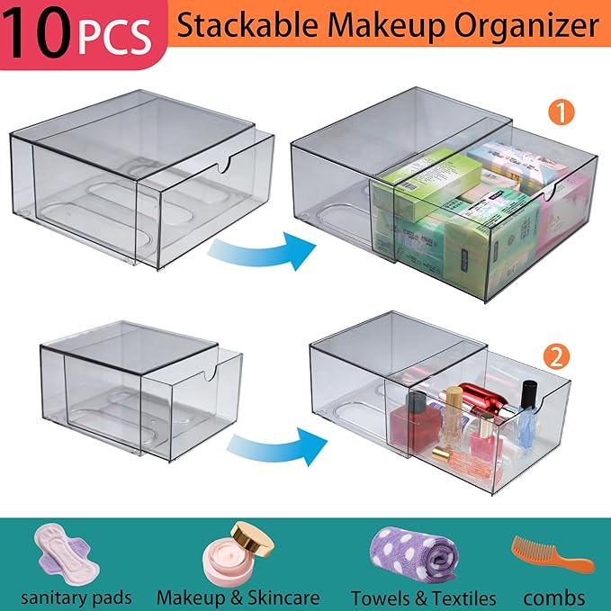 10 Pack Acrylic Makeup Organizer Clear Stackable Desk Organizers Dustproof Drawer for Make Up,Jewelry,Pen, Stationary
