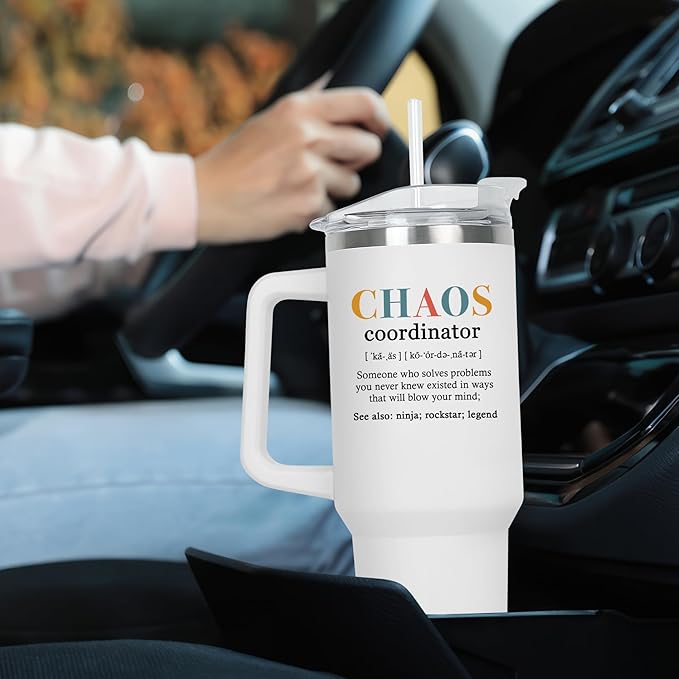 TEEZWONDER Christmas Thank You Gifts for Women - Chaos Coordinator Insulated 40 oz Tumbler with Handle - Funny Birthday Employee Appreciation Gifts for Women Coworkers Boss Colleagues Teachers Nurses
