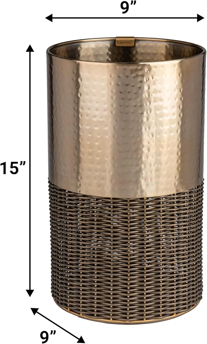 happimess HPM1102A Asher Modern 4.13-Gallon 2-Tone Faux Wicker/Metal Cylinder Waste Basket, Bronze/Coffee for Home, Bathroom, Living Room, Office, Bedroom, Kitchen