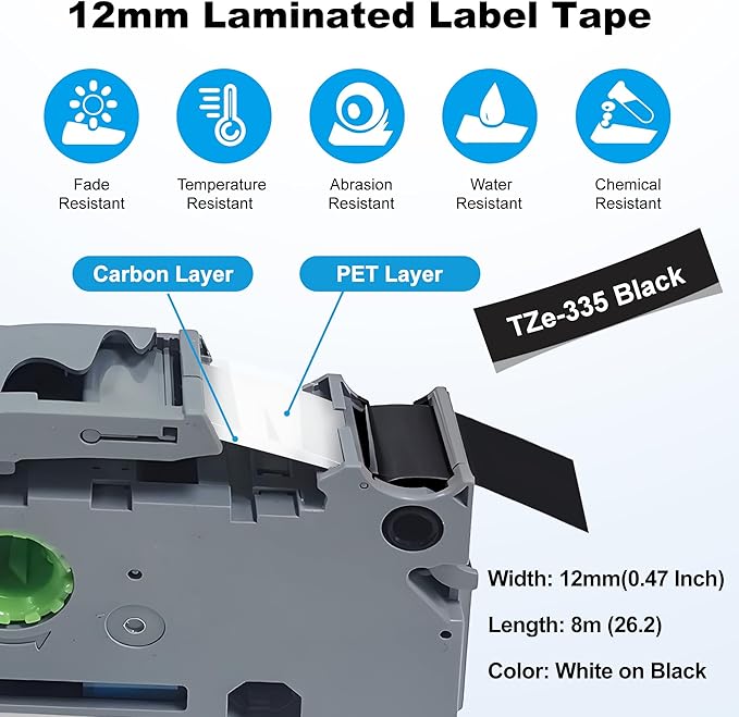 RAEMALL Compatible with Brother Label Tape TZe335 TZe435 TZe535 TZeMQG35 TZeMQP35 TZe TZ Tape, 12mm 0.47 Inch Laminated White on Color Compatible with Brother P Touch Label Maker PT-D210 H110