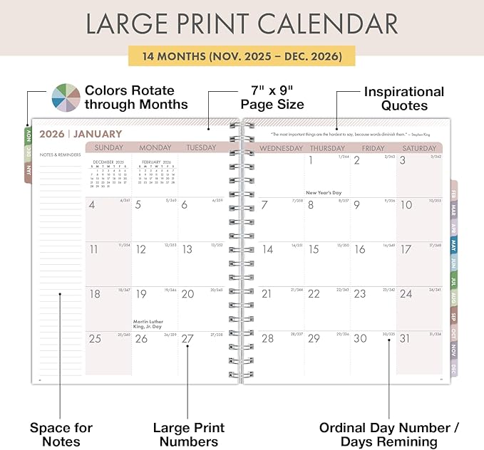 Essential PRO 2026 Daily, Weekly & Monthly Planner, 7"x9": 14 Months (Nov 2025 - Dec 2026) Monthly Tabs,Daily Tracking,Notes Pages,Storage Pocket,Bookmark w Sticky Notes (Pastel Peacock)
