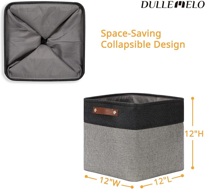 DULLEMELO Cube Collapsible Storage Bins, 12 inch Fabric Storage Cubes Bins Canvas Organization Baskets, Linen Closet Organizers Boxes for Home Organization and Storage (4 Pack - 12" Black&Grey)