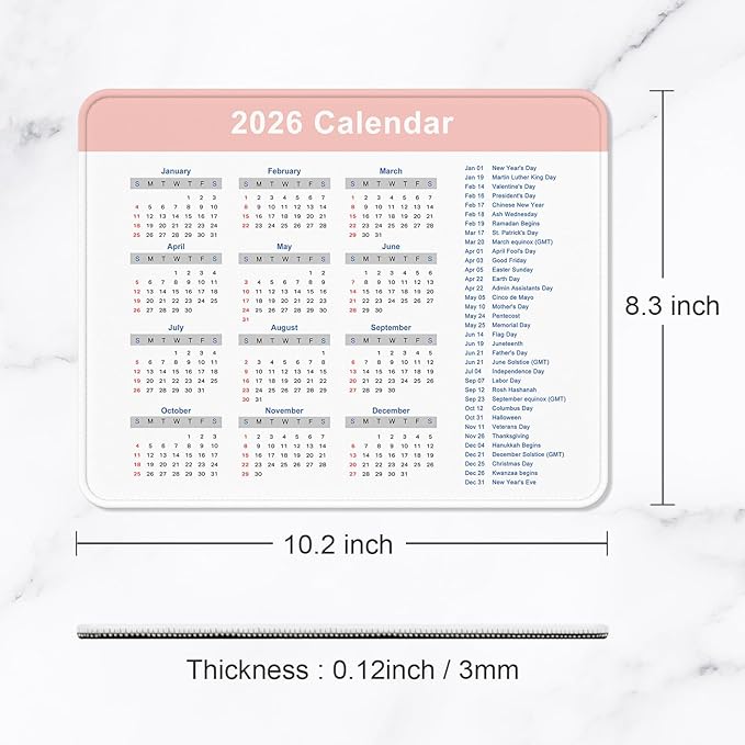 2026 Calendar Mouse Pad, Square New Year 2026 Mousepad 10.2 x 8.3 Inch, Stitched Edge Anti-Slip Waterproof Rubber Computer Mat for Office, Gaming, Laptop, New Year Office Supplies Gift, Pink