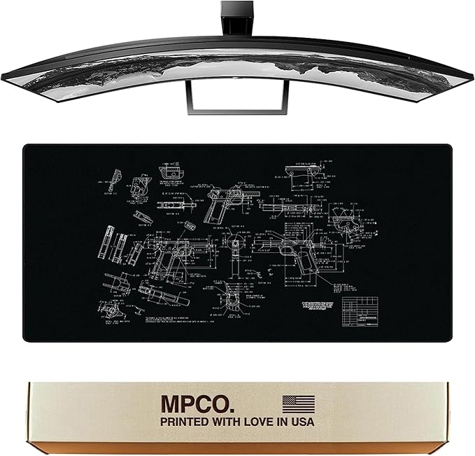 MPCO. Blueprints Large Gaming Desk Pad - 36" x 17" Duraglyde Fabric Browning 1911 – Black Desk Mats - Non-Slip, Washable, Smooth Glide for Precision Gaming & Work