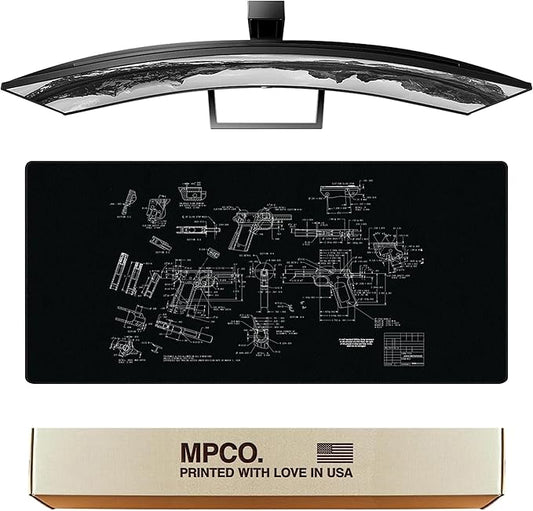 MPCO. Blueprints Large Gaming Desk Pad - 36" x 17" Duraglyde Fabric Browning 1911 – Black Desk Mats - Non-Slip, Washable, Smooth Glide for Precision Gaming & Work