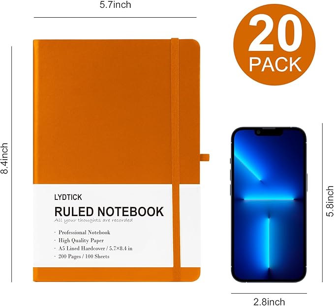 20 Pack Journals for Writing College Ruled Notebooks Journal in Bulk, Hardcover Notebooks (200Pages) for Note Talking, Lined Bullet Journals for Home School Office, 5.7"x8.4", Orange