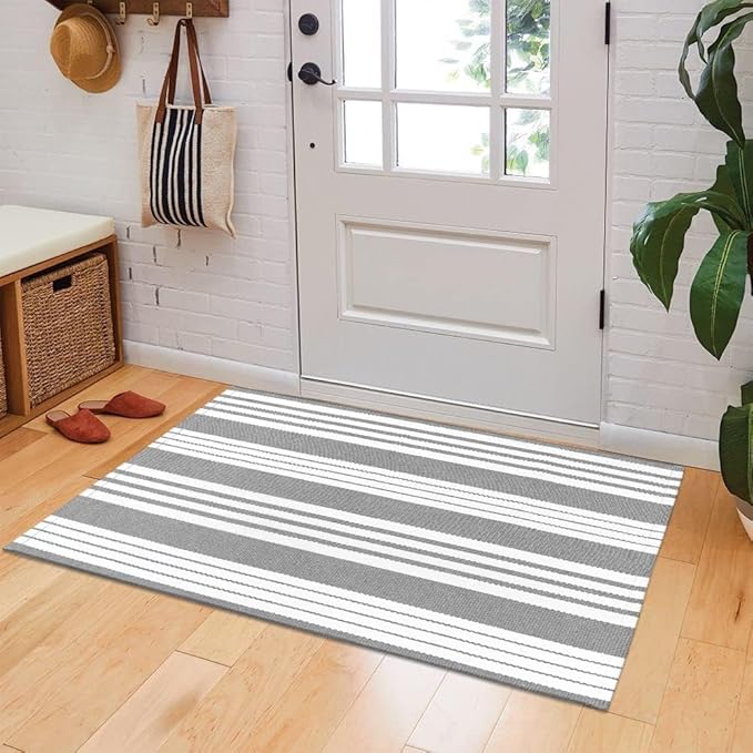 OJIA Christmas Front Door Rug 24''x51'' Gray and White Striped Outdoor Rug Machine Washable Porch Rug Front Door Mat Outdoor Indoor Area Rugs Cotton Woven Entry Mat for Home Entrance/Farmhouse