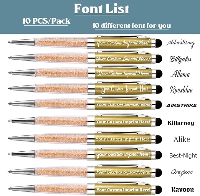 Ancolo Personalized ball Pens with Crystal Stylus Tip - Smooth Writing Set - Engraved with Your Name/Slogan/Address - Gift for Teacher/Manager/Lawyer/Professor 10 PCS/Box (Gold)