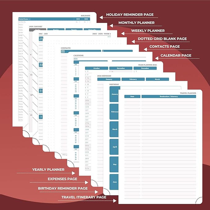 IN-LUXPRO Weekly Monthly 2026 Planner (Jan.26-Dec.26),8.5"x6.5",12 Months Agenda Plan with Month Tabs & Pocket,Expenses/Note Pages, Appointment Book Calendar with Hardcover Vegan Leather Cover,Red